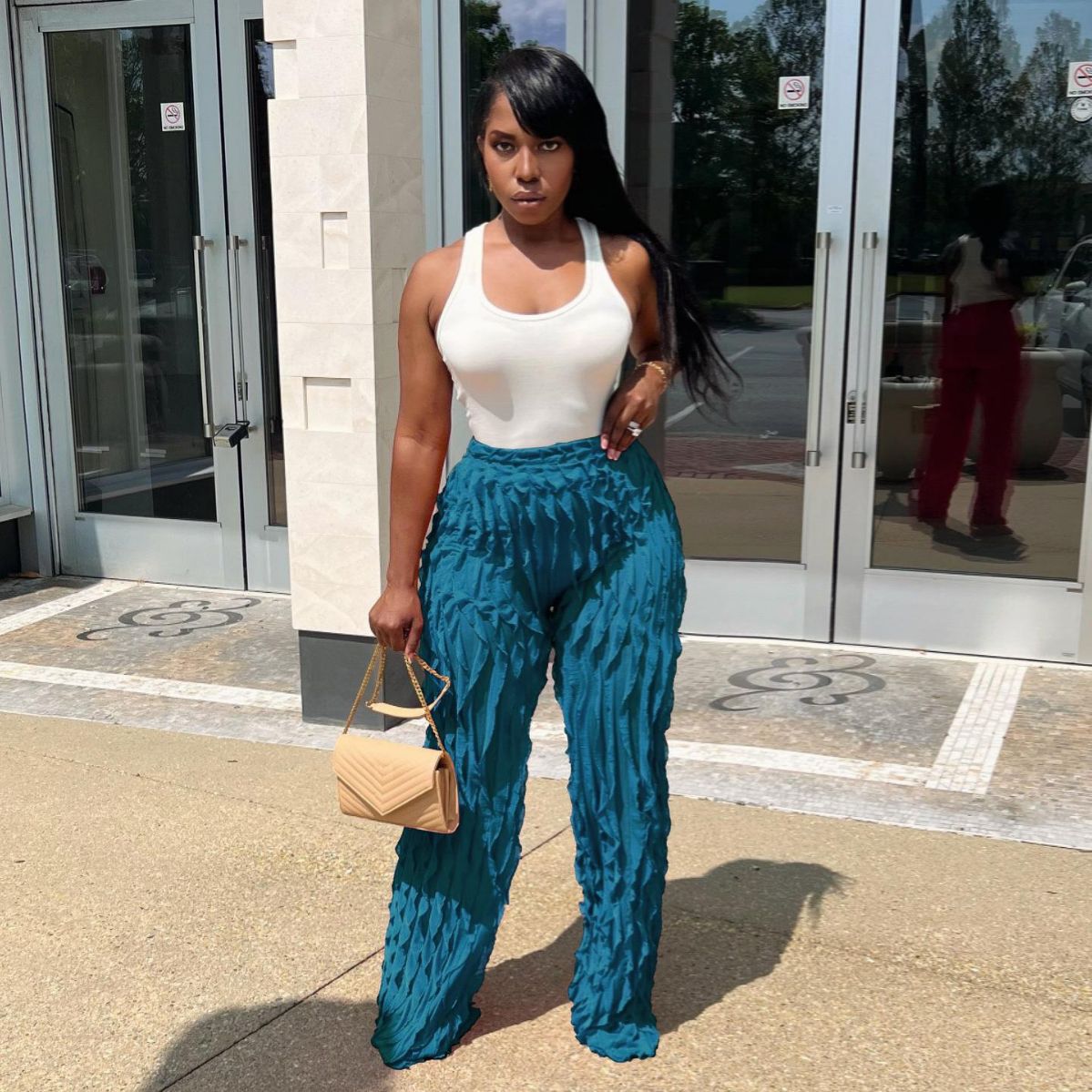 Women's Mesh Wave Pattern Ruffle Loose High Waist Wide Leg Trousers 10