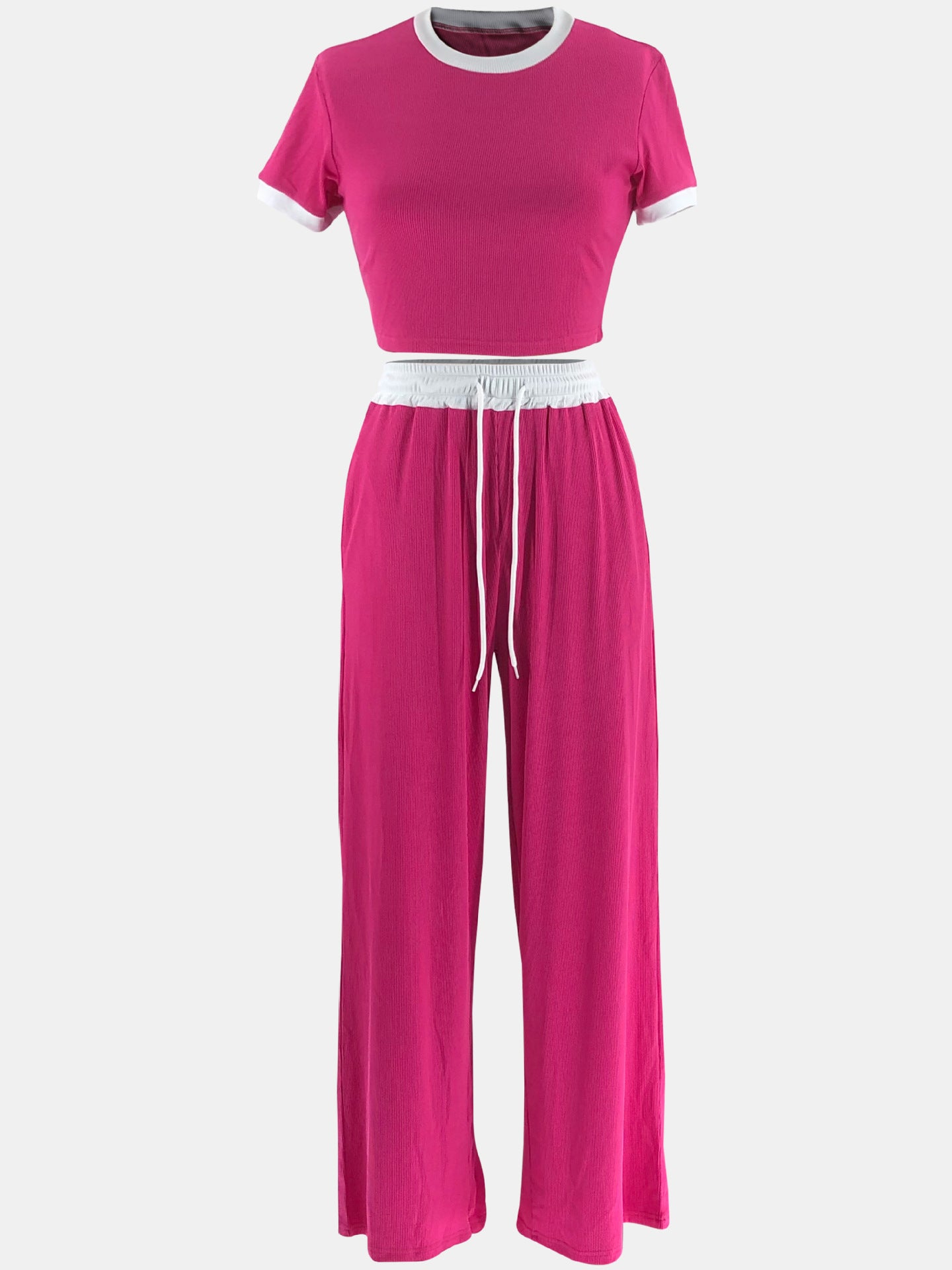 Women's Casual Street Contrast Color Round Neck Short Sleeve Two Piece Pants Set 20