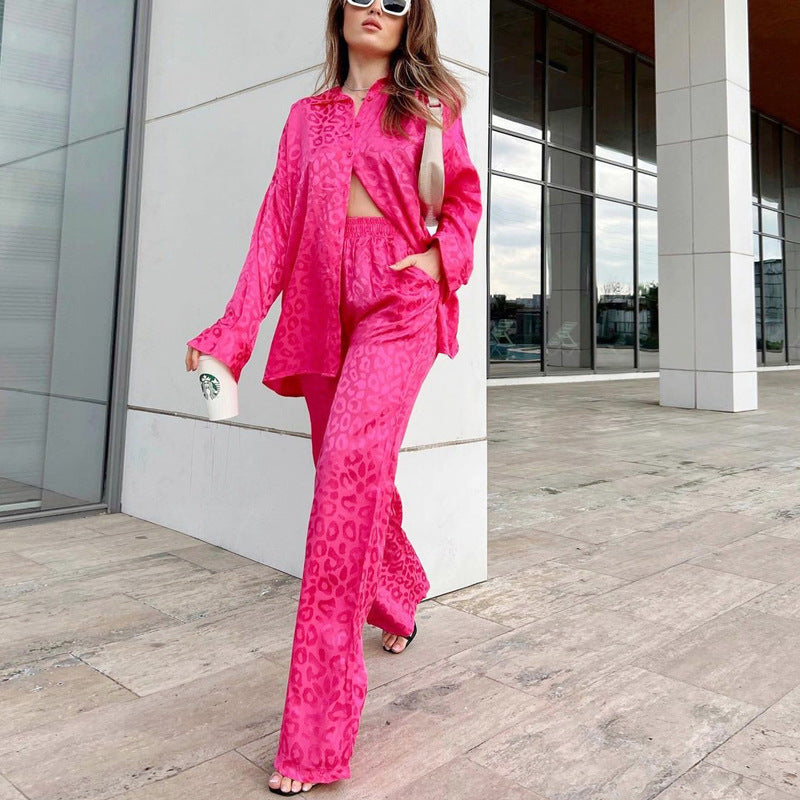 Women leopard print jacquard long-sleeved shirt and elastic waist loose trousers two-piece set 13