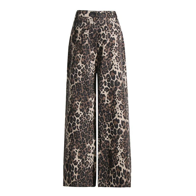 Autumn American Retro Leopard Print High Waisted Slim Fit Straight Jeans Ripped Denim Pants 9