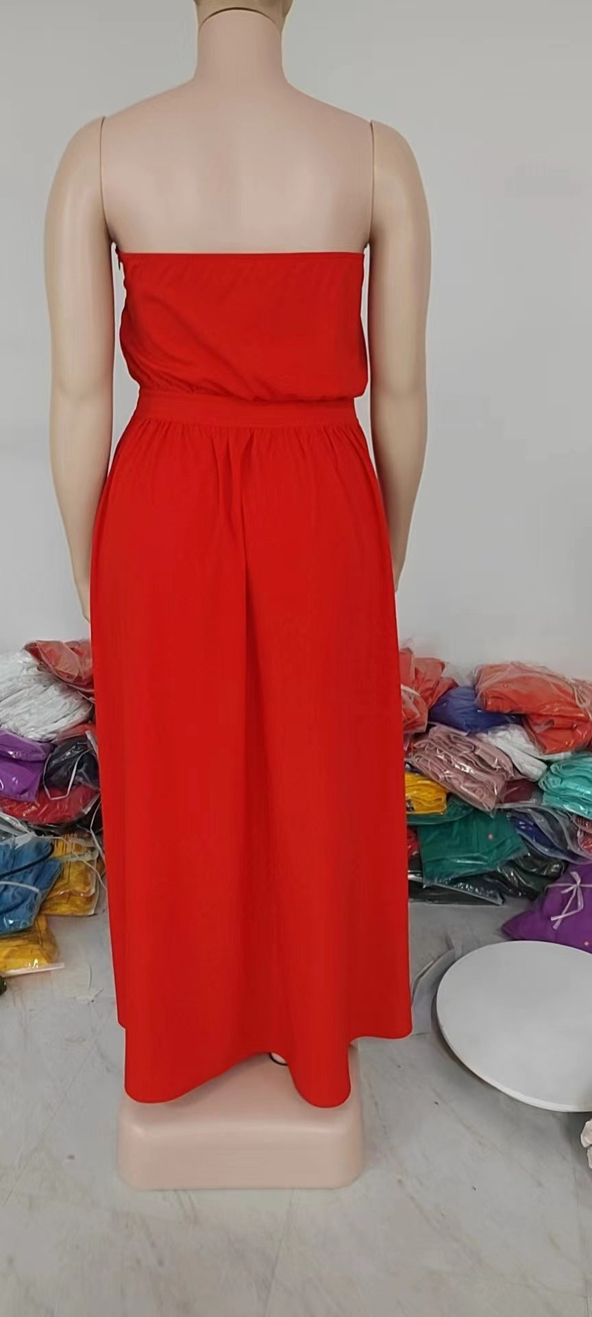 Women Solid Strapless Slit Belt Dress 9