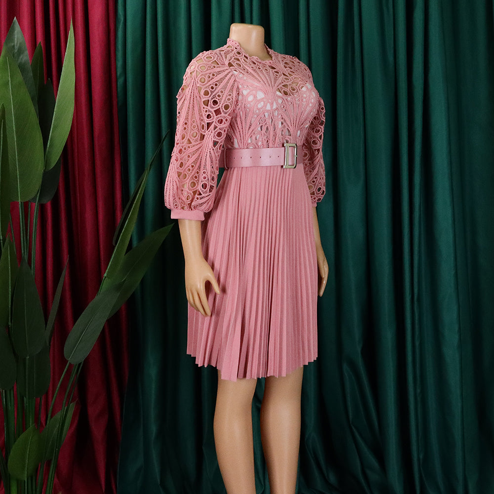 Women'S Chic Solid Color Lace Crochet Cutout Pleated Dress 22