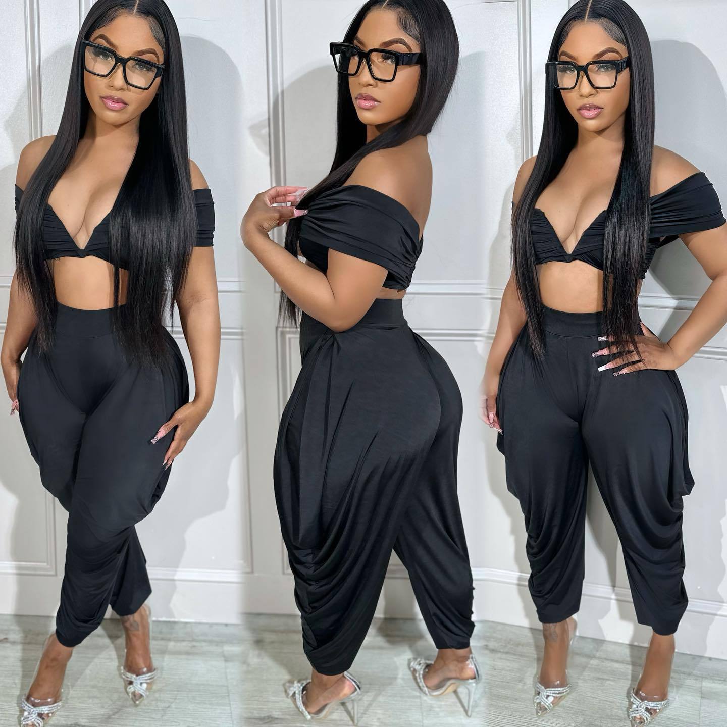 Sexy Off Shoulder Deep V Pleated Top Trousers Two Piece Set 5