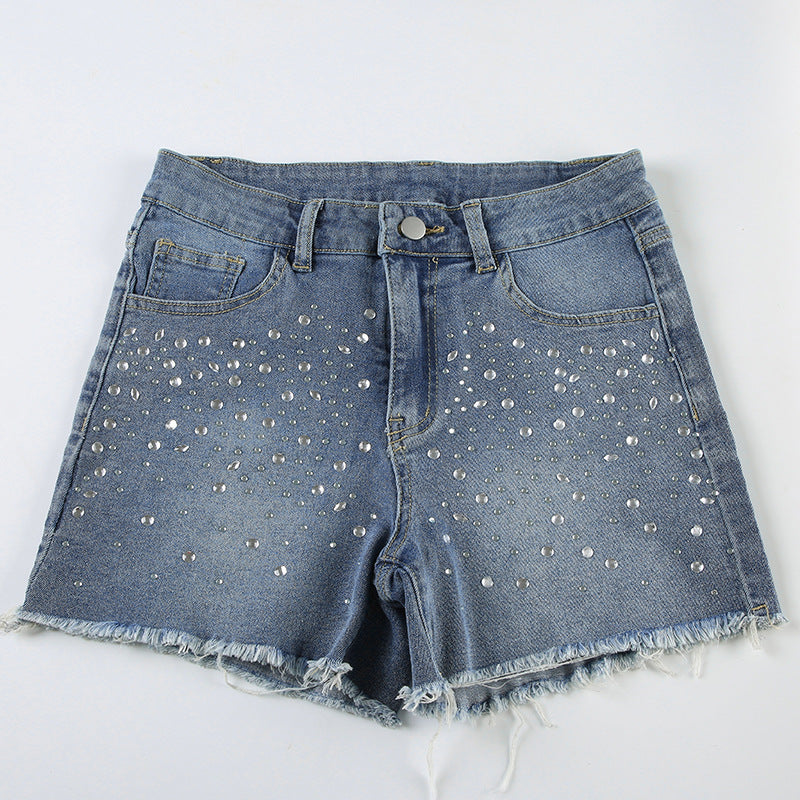 Women Style Beaded Street Raw Edge Washed Denim Shorts 11