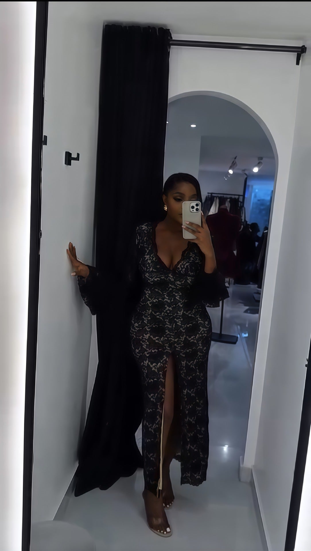 Spring Lace V Neck Bell Sleeve Slit Dress