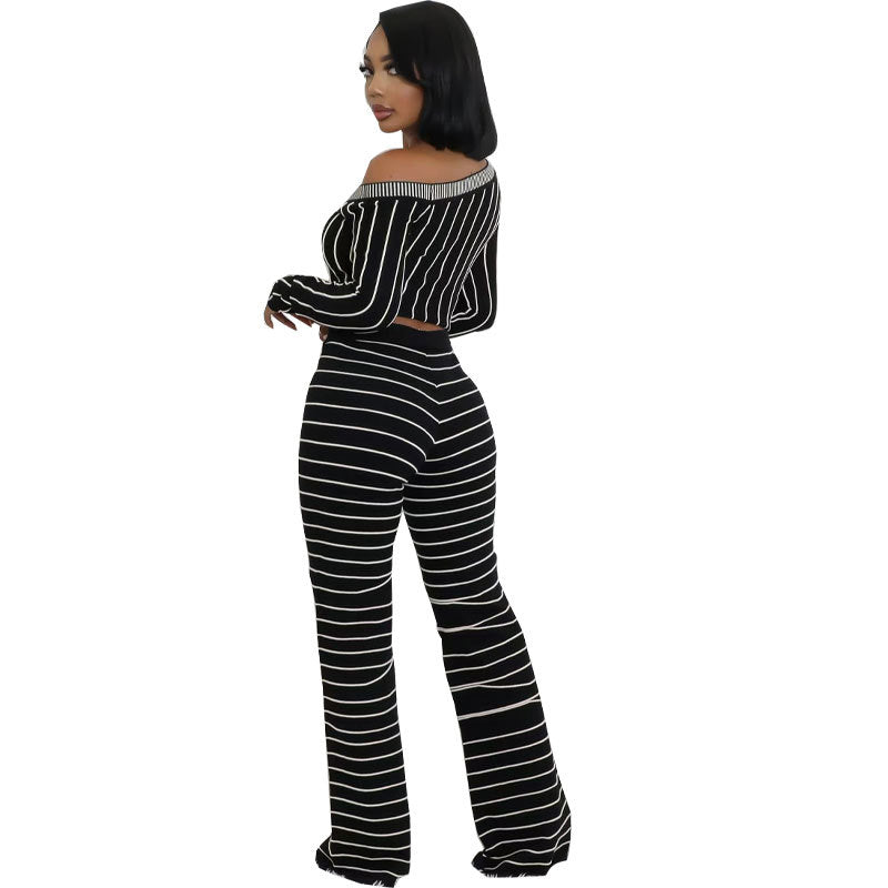 Casual Stripes Long Sleeve Top Trousers Autumn Two Piece Set