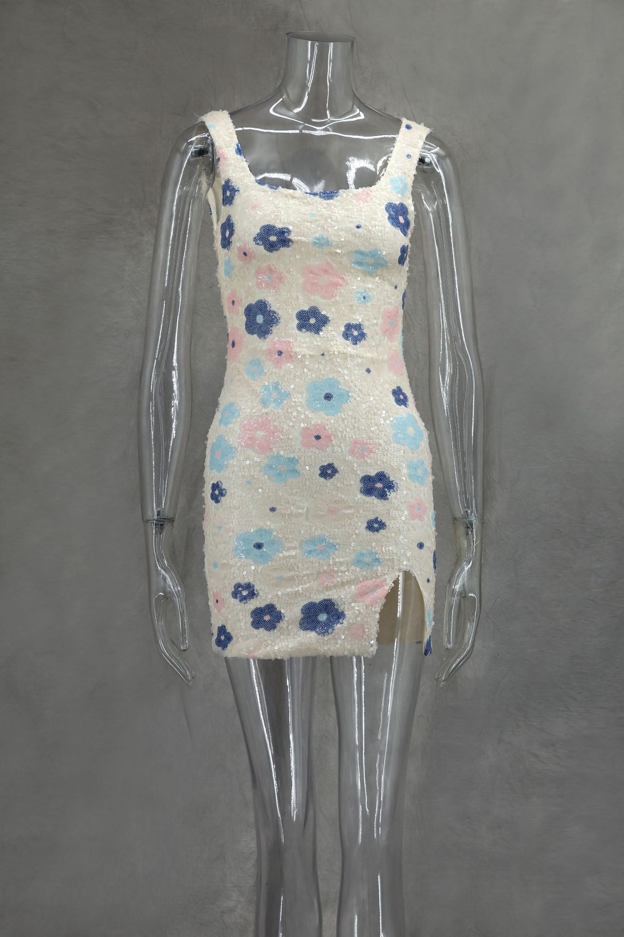 Spring Summer Multi-Color Flower Diamond Plaid Sequin Slit Bodycon Sexy Dress 6