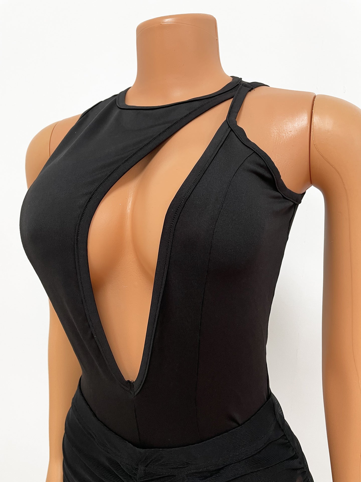 Women's Fashion Sexy Sleeveless Hollow Bodysuit Mesh See-Through ruched pants Ladies two piece set 15