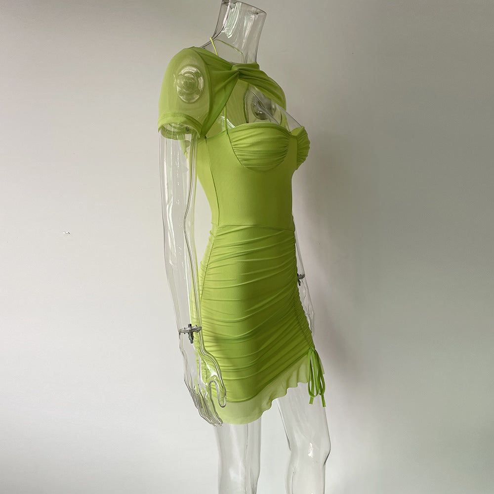 Women's Mesh Cutout Short Sleeve Pleated Slim Bodycon Tight Fitting Dress Summer 11