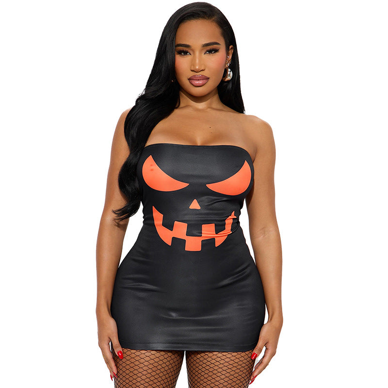 Women's Autumn Strapless Halloween Print Tight-Fitting Mini Bodycon Dress 18