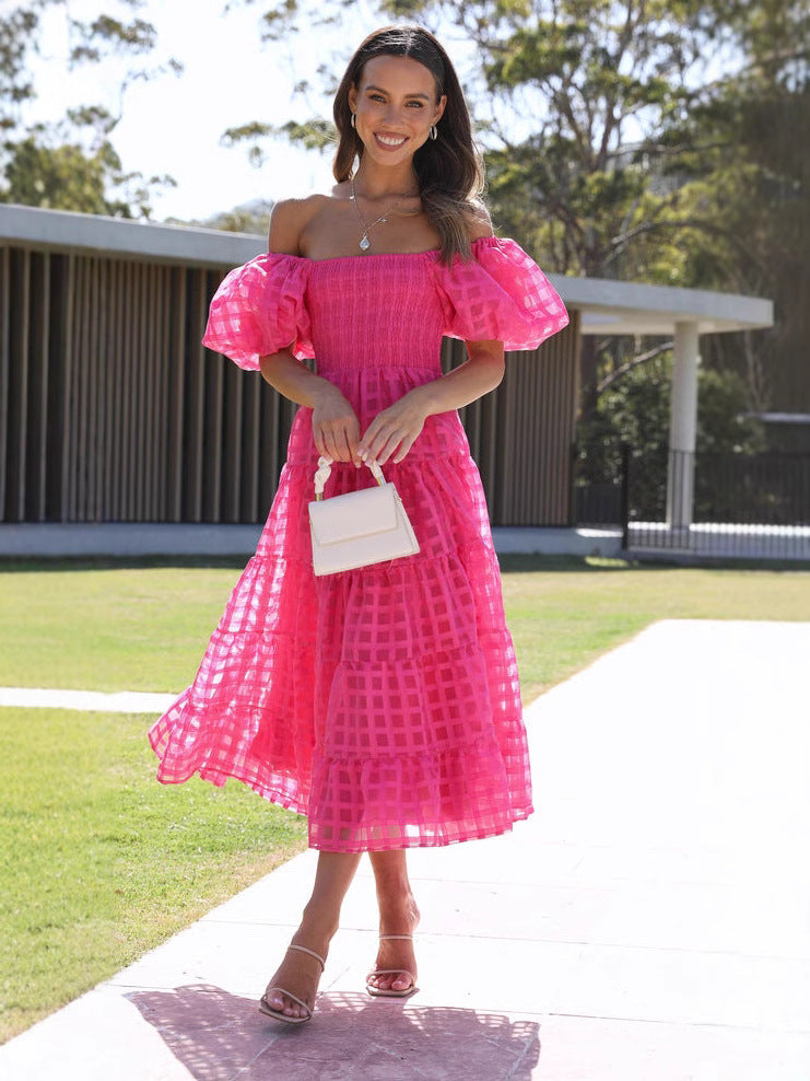 Off-Shoulder Lantern Sleeve Layered Patchwork Maxi Dress 9