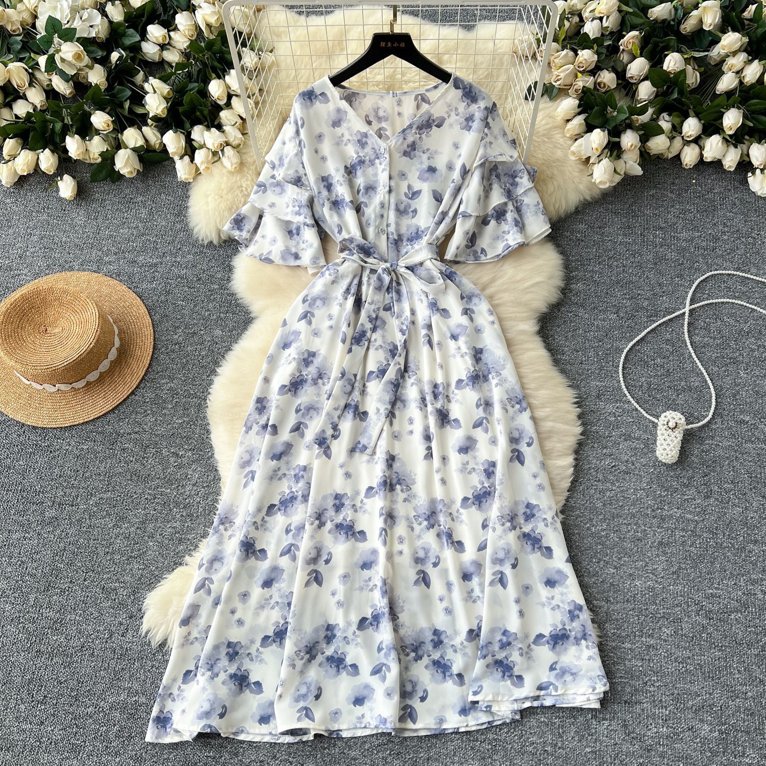 V-Neck Bell Sleeve Tie Waist A-Line Floral Dress 12