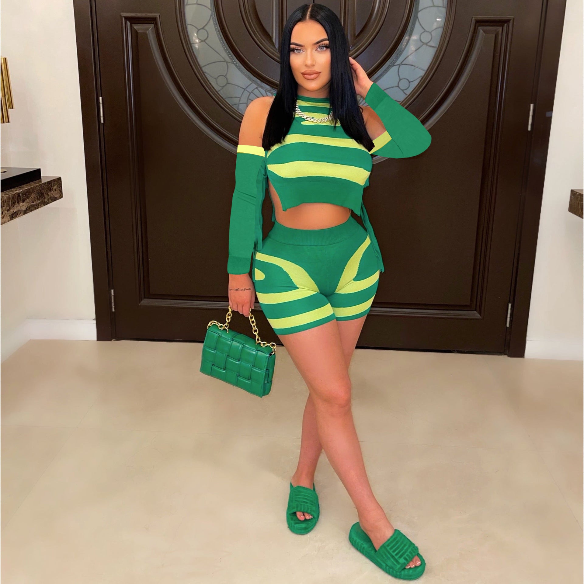 Women's Cutout Lace-Up Print Casual Knitting Two-Piece Shorts Set 8