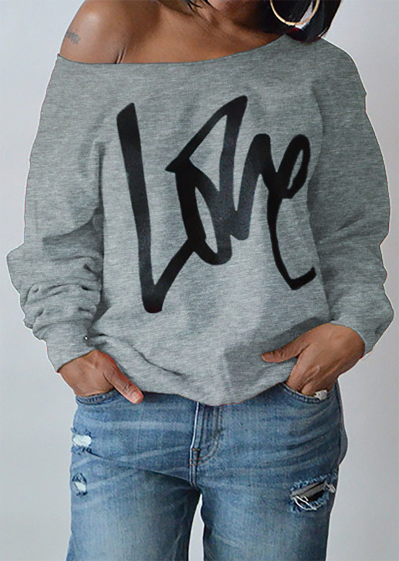 Love Letter Printed Long Sleeve T-Shirt Sexy Off-Shoulder Women's Top 11