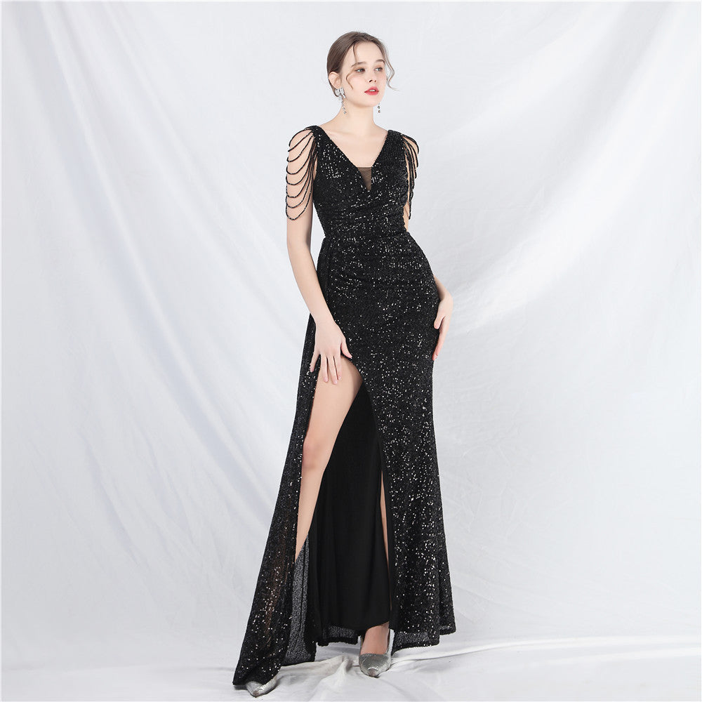 Luxury Sequin Rhinestone Chain Slit Long Evening Dress