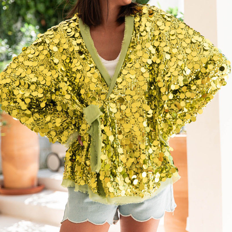 Fashion Casual Loose Solid Color Spangle Lace-Up Outerwear 9