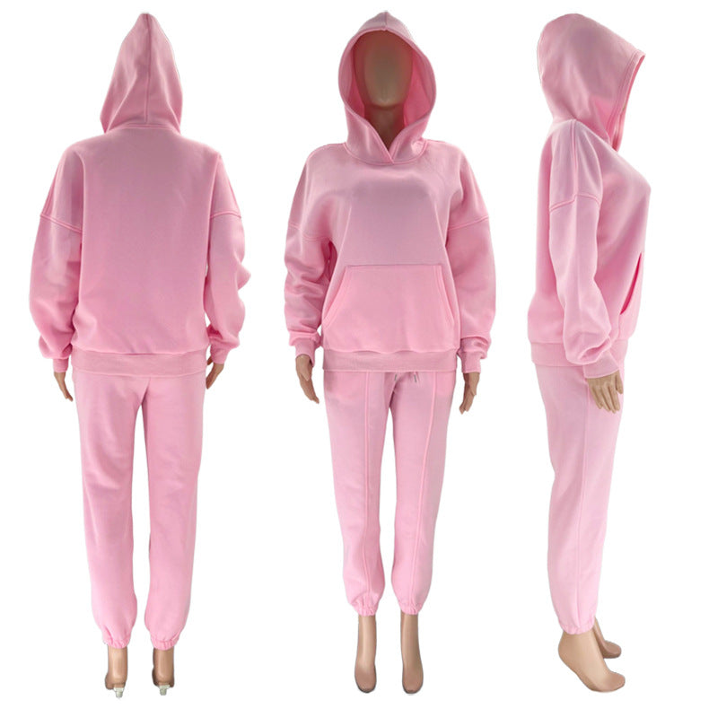Autumn and winter solid color fleece Hoodies pants two-piece fashionable casual set 19