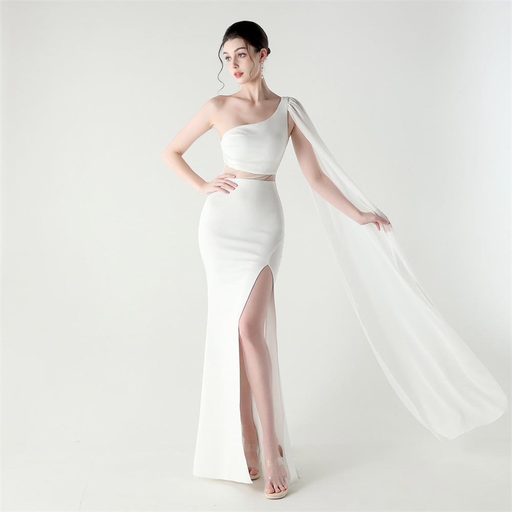 Women One Shoulder Slant Back Patchwork Mesh Formal Party Evening Dress 17