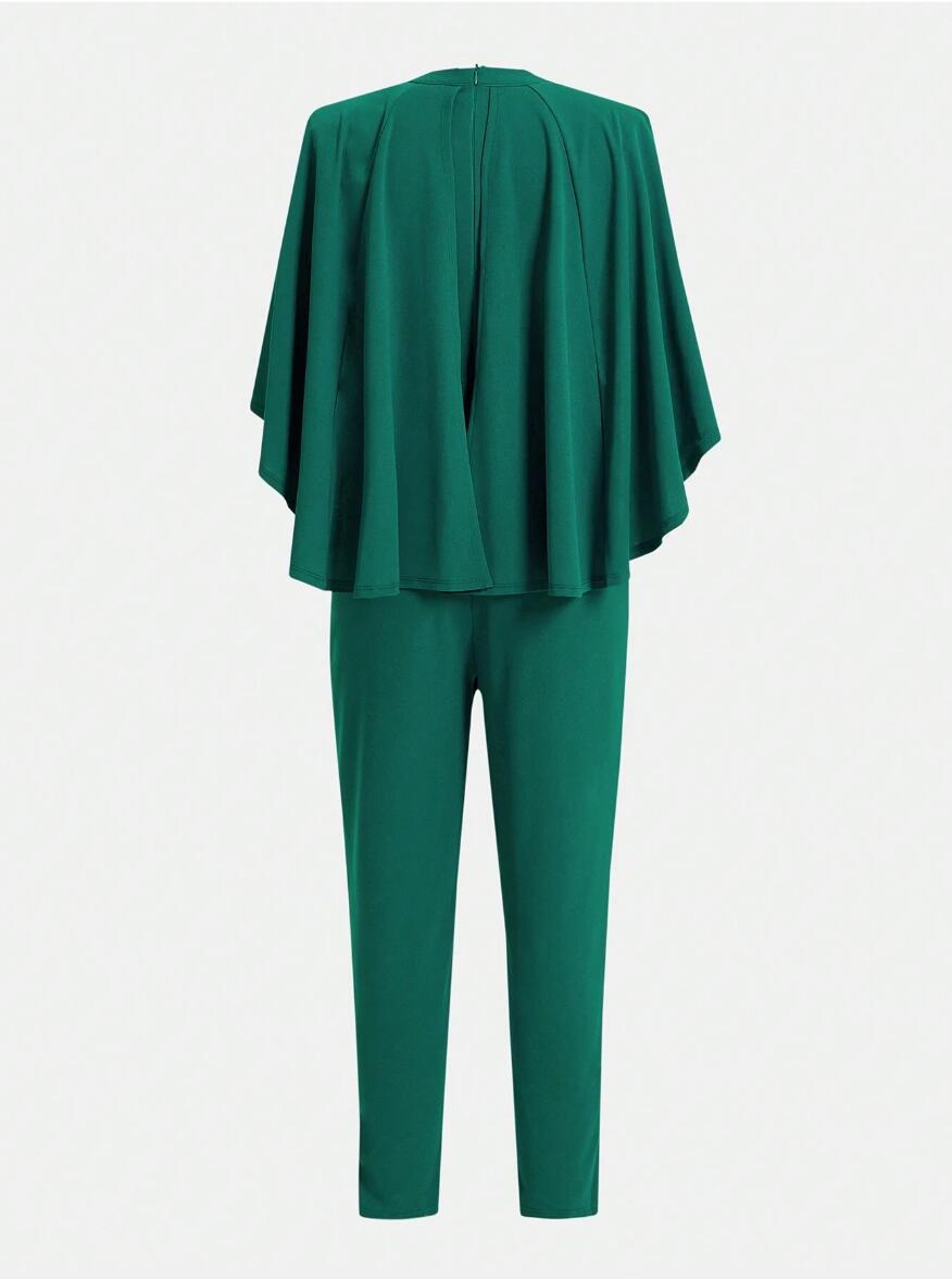 Plus Size Women Sexy Solid Bat Cape Sleeve V Neck Jumpsuit 8