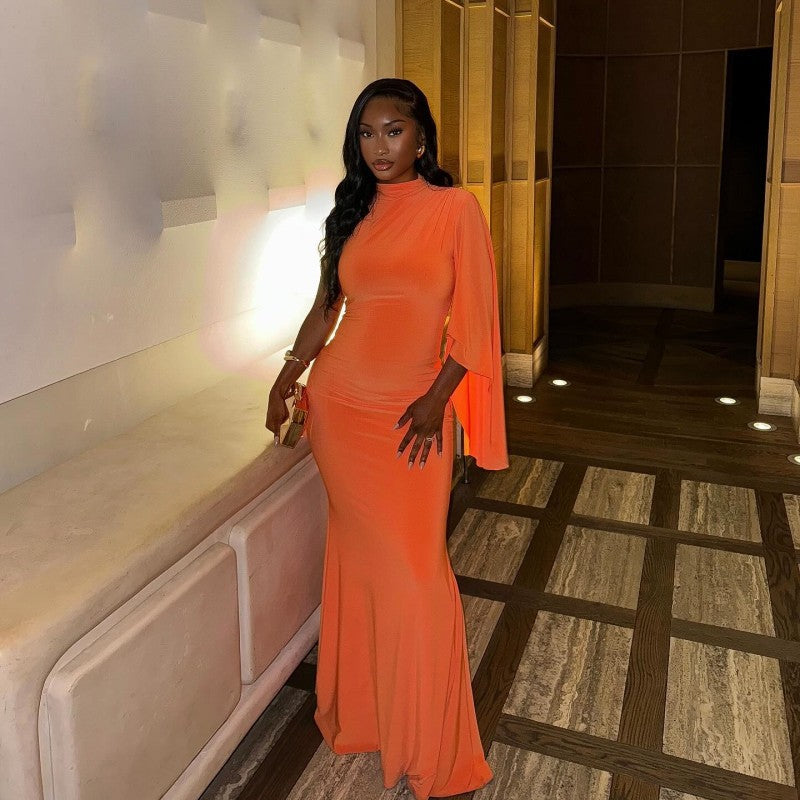 Women Summer Solid Round Neck Single-side Long Sleeve Sexy Dress 3