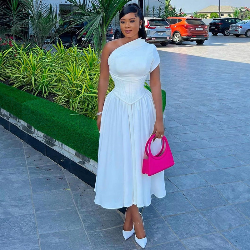 Women African Autumn and Winter Solid Slash Shoulder Short Sleeve Maxi Dress 7