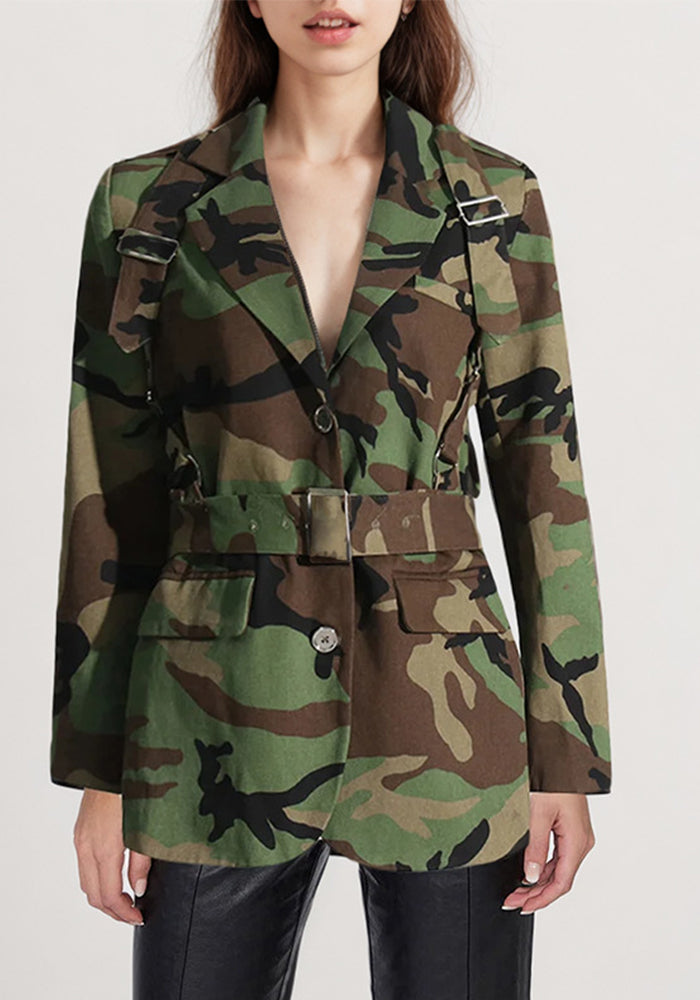 Women Style Camo Print Lace-up Blazer Jacket