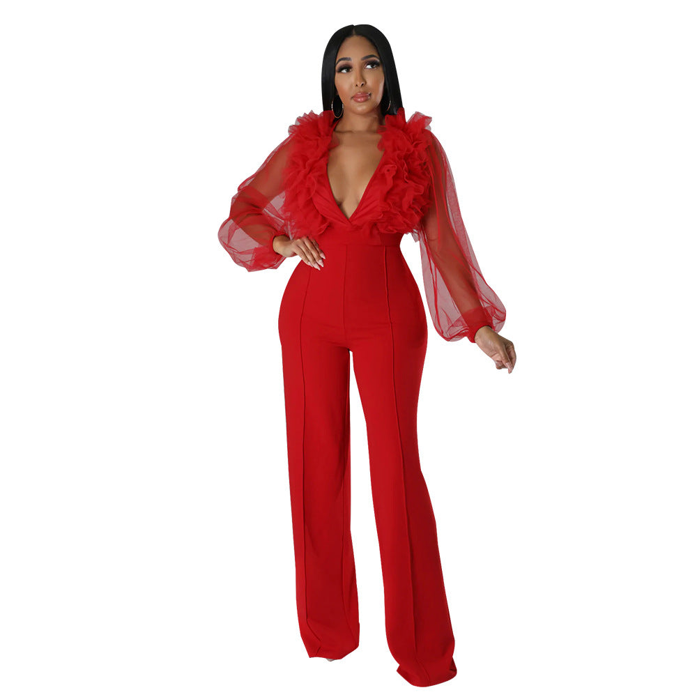 Women Mesh Balloon Sleeve V-Neck Backless Jumpsuit 7