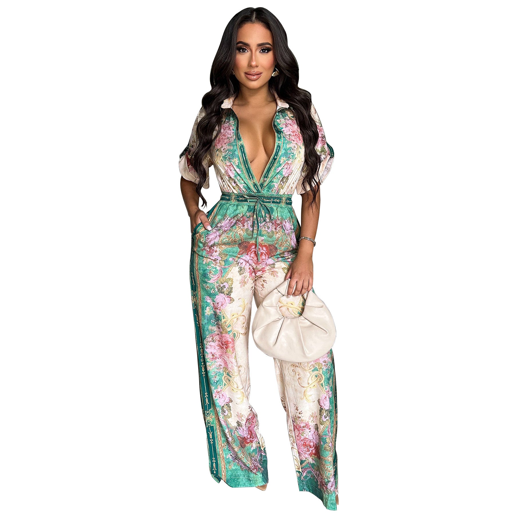 Women's Sexy V-Neck Retro Print Short Sleeve Jumpsuit 8