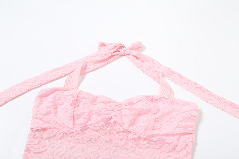 Summer Fashion Chic Elegant Lace Patchwork Halter Neck Slit Long Dress 23