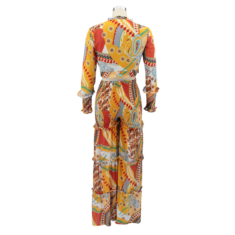 Women chiffon irregular printed long-sleeved top and wide-leg pants Casual two-piece set 29