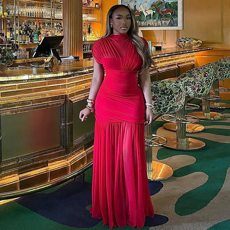 Women Solid Patchwork Sleeveless Turtleneck Pleated Bodycon Dress 5