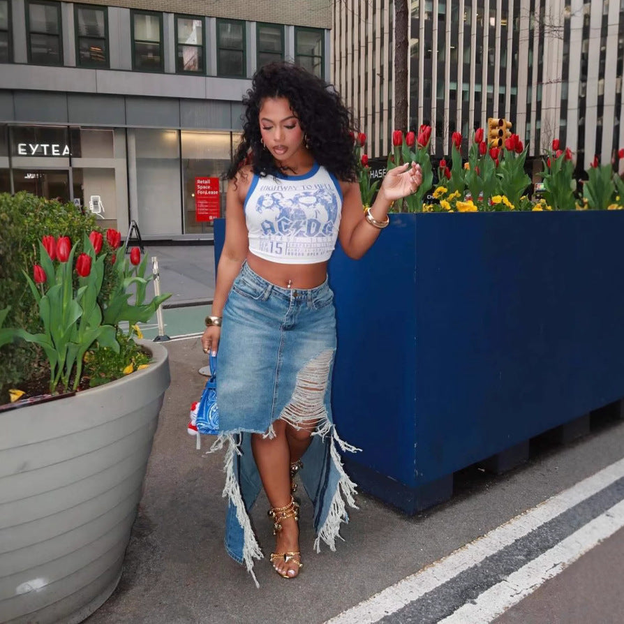 Women Summer Raw Edge Ripped Slit Bodycon Skirt 4