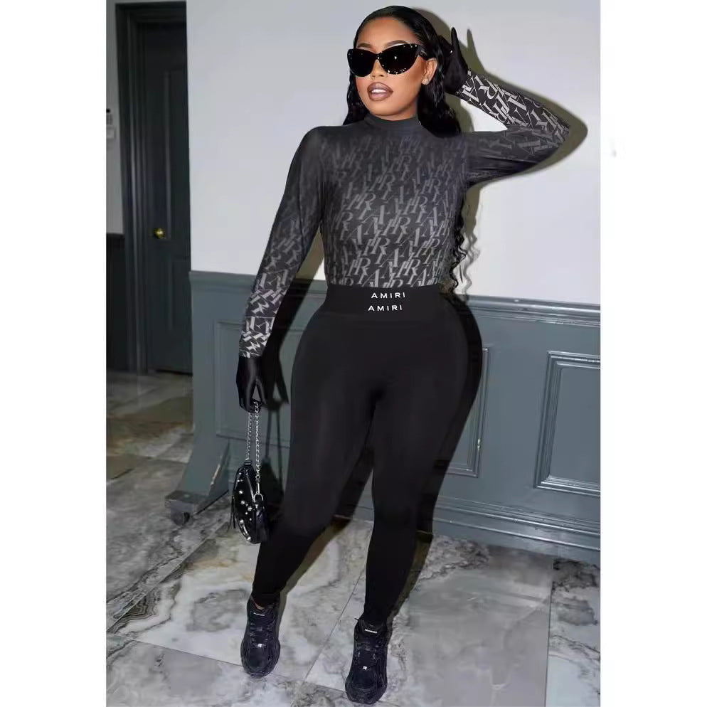 Women High Neck Gradient Print Long Sleeve Top and Pants Two-Piece Set 4