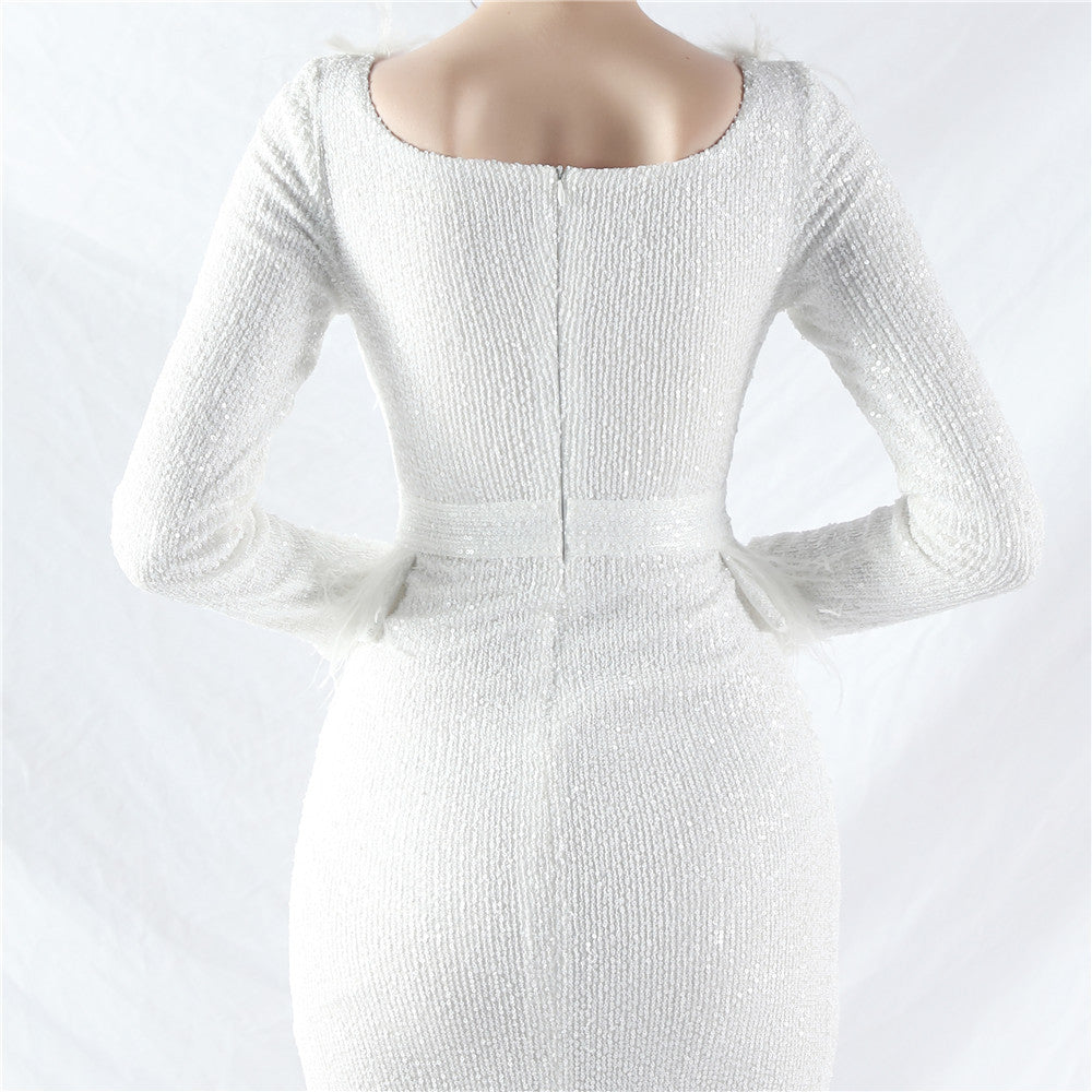 Women ostrich feather long-sleeved sequined evening dress 16