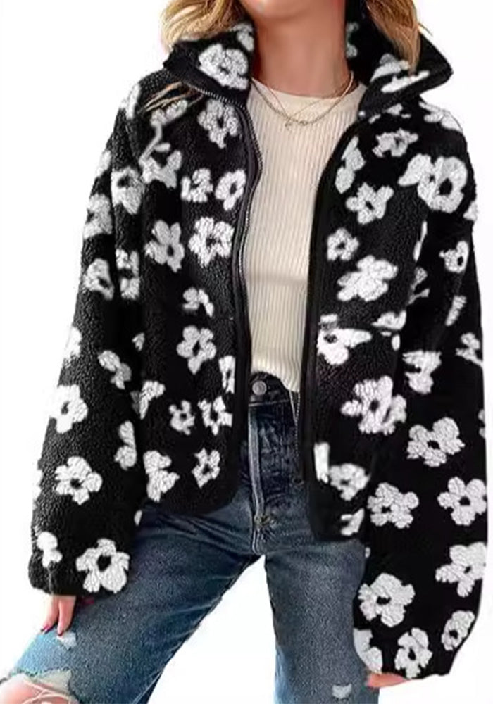 Women zipper printed pocket flower jacket