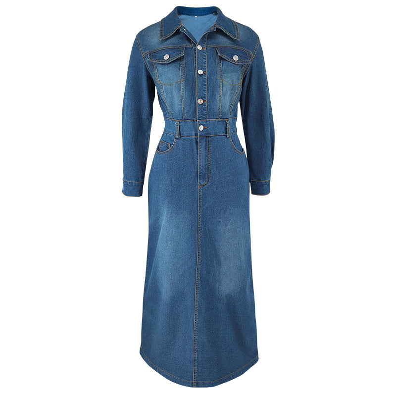 Women's Long Sleeve Turndown Collar Denim Button Slit Long Dress 7