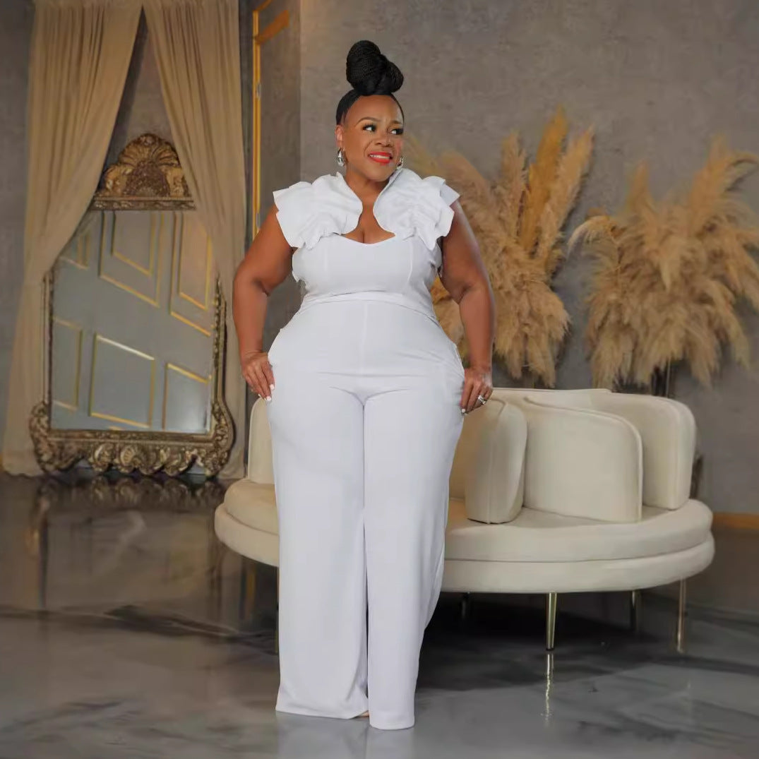 Plus Size Women Sexy Suspender Lace Elastic Wide-leg Jumpsuit 3