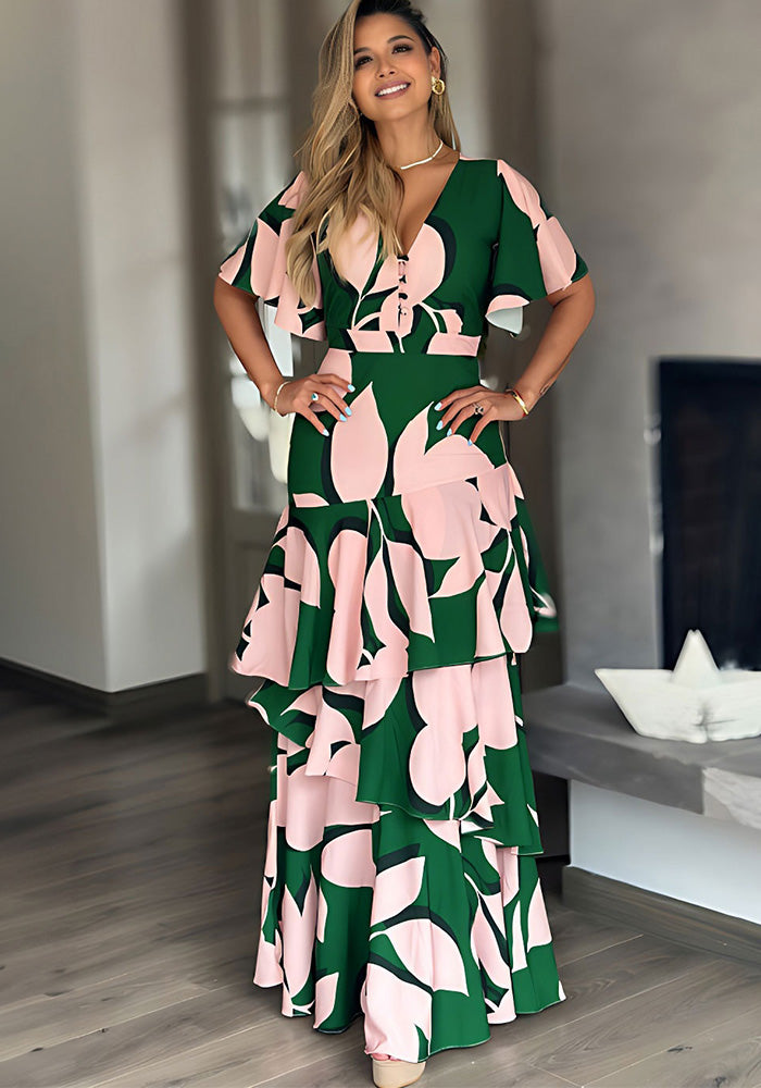 Women Casual Dress V-Neck Button Design Irregular Cascading Ruffles Dress