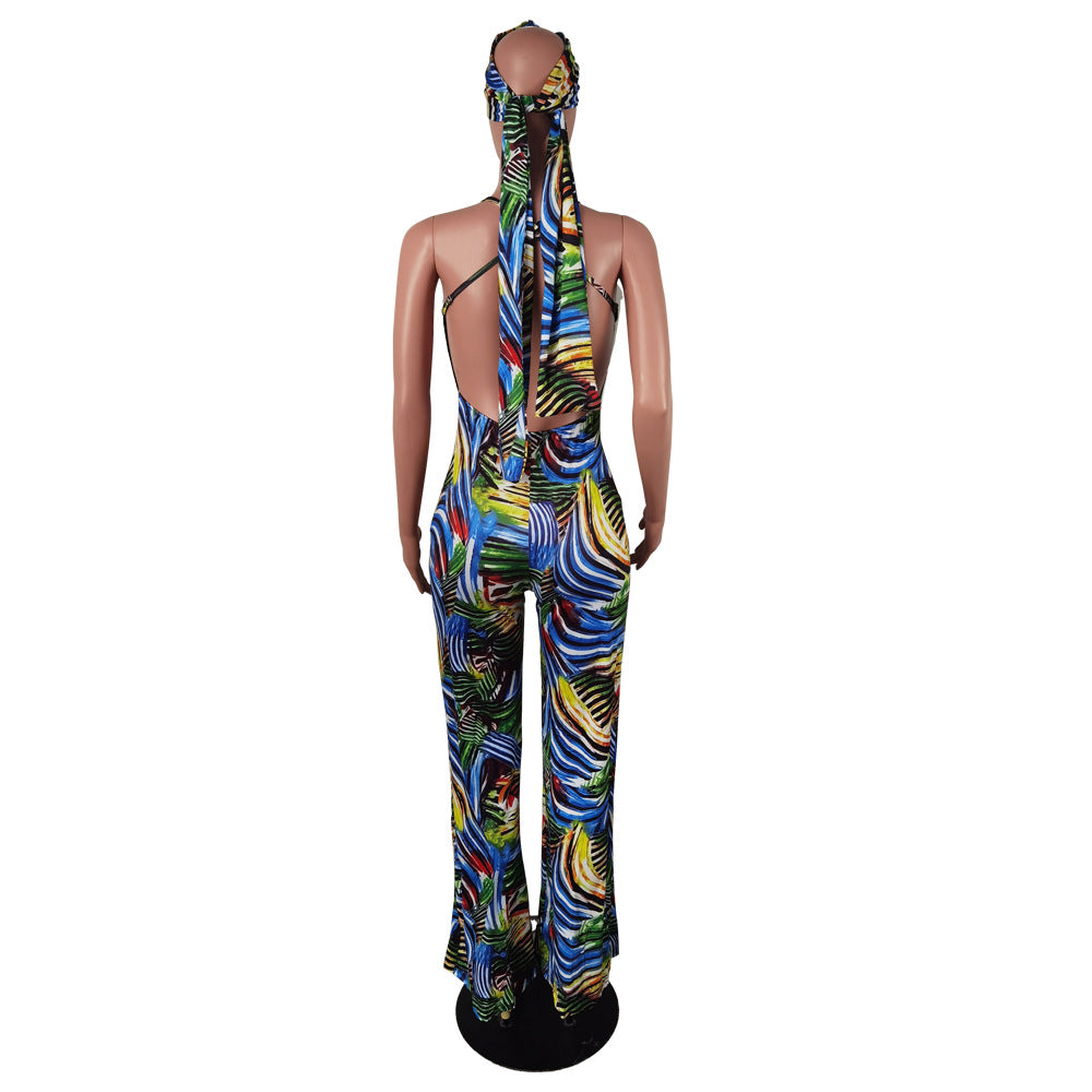 Women's Summer Sleeveless Straps Painted Print Low Back Long Jumpsuit With Bandana 14