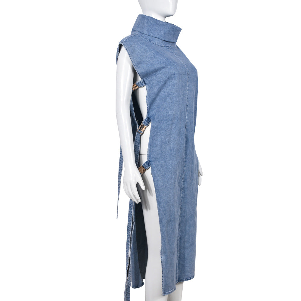 Sexy sleeveless hollow slit high collar denim dress 8