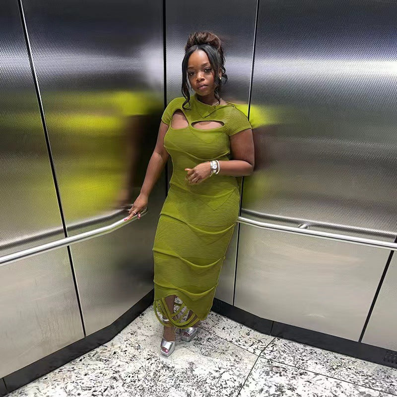 Women Slash Shoulder tassel hollow knitting solid irregular short-sleeved dress 10