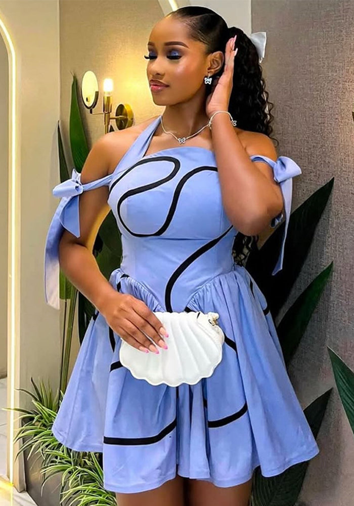 Women Summer Halter Neck Printed Lace-up Off-shoulder Pleated Dress