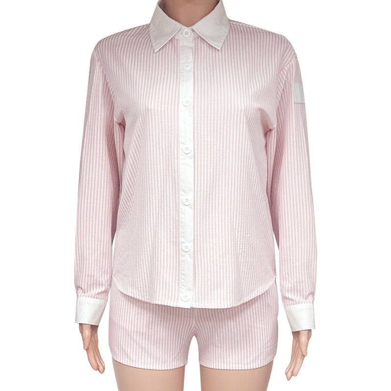 Summer Turndown Collar Long Sleeve Striped Shirt Elastic Waist Shorts Two-Piece Set 14