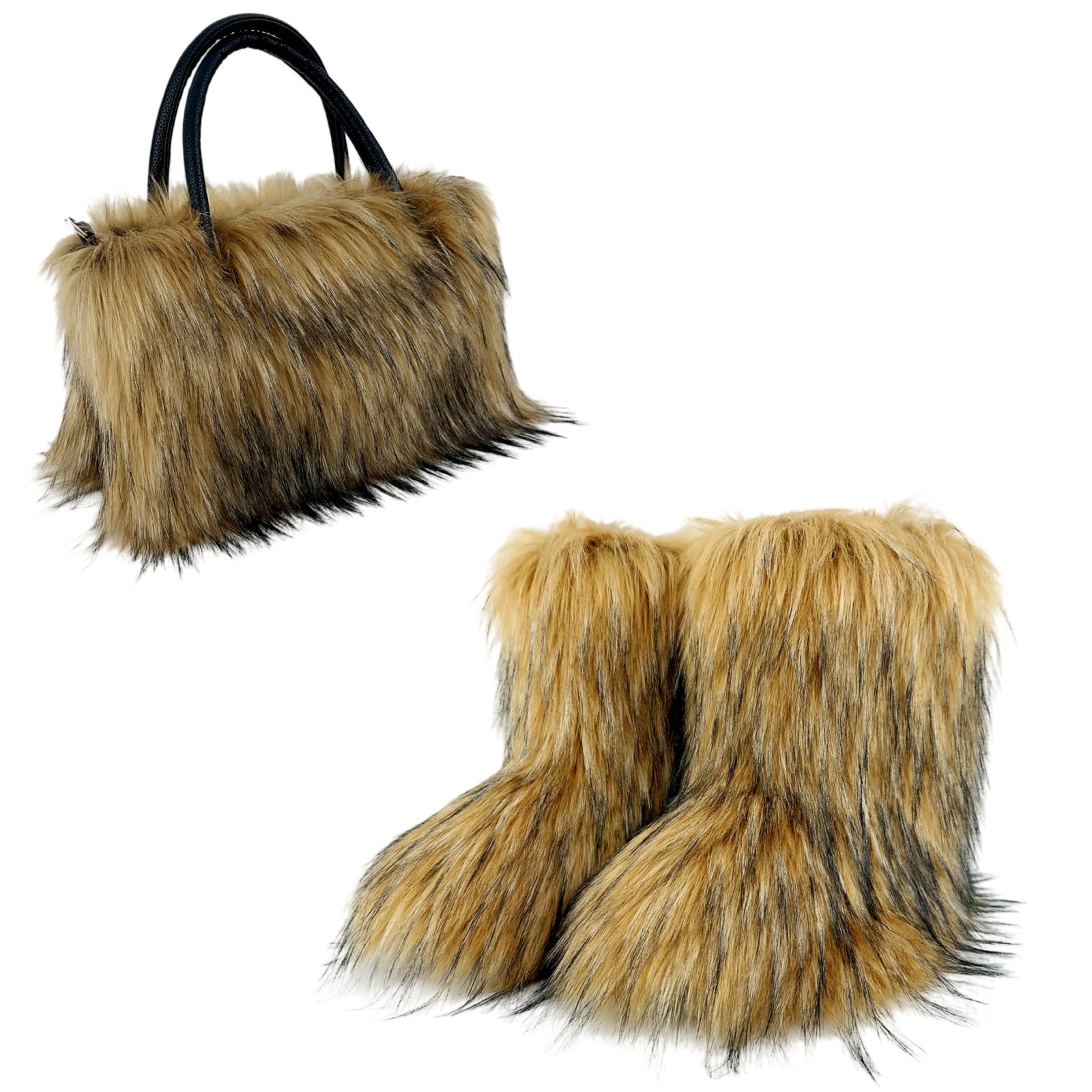 Women Spring Furry Mid-Tube Snow Boots Furry Tote Bag Two-Piece Set