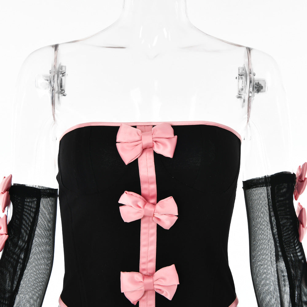 Sexy Fashion Bow Design Lace-Up Strapless Top Gloves Set 11
