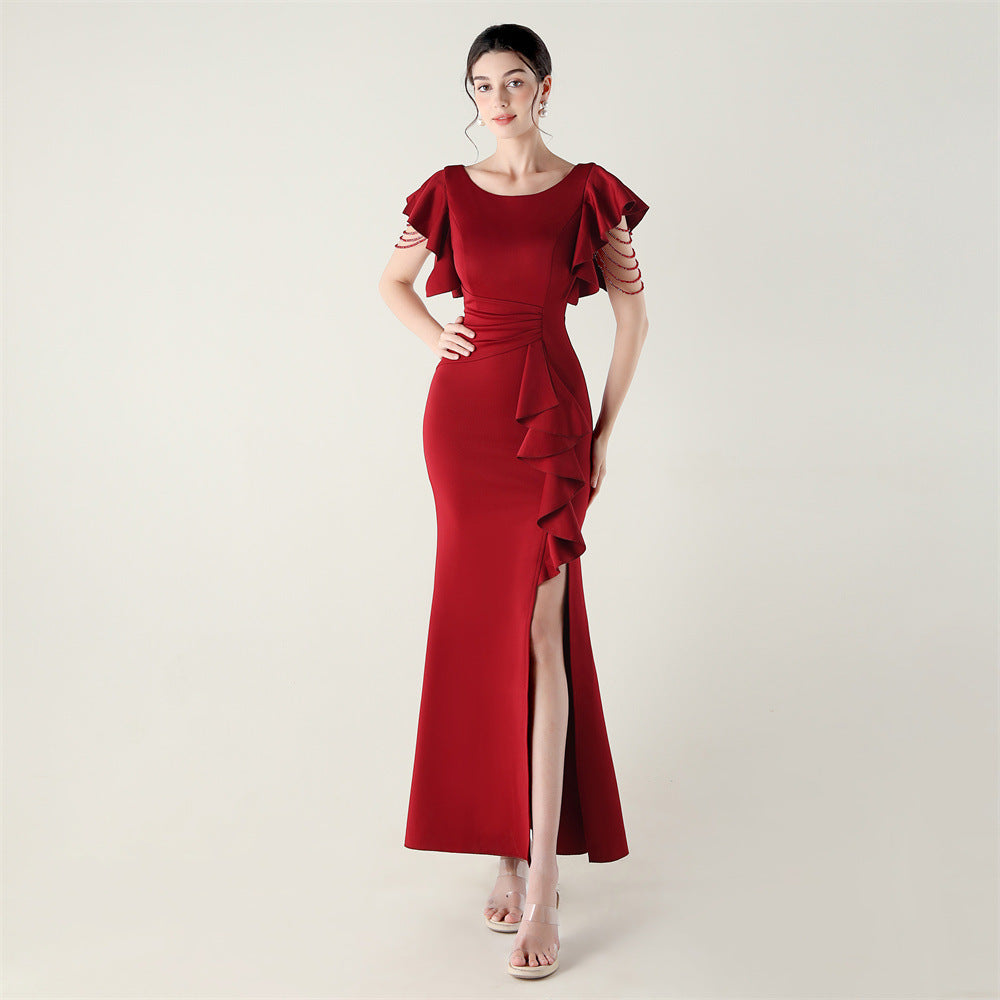 Women beaded tube V neck ruffle draped bead chain bead formal party evening dress 13