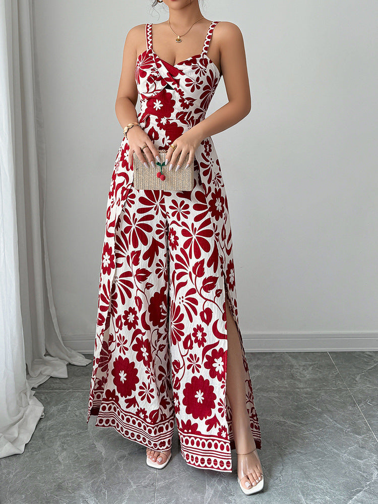 Women Spring and Summer Chic Elegant Knot Printed Small Suspender Wide Leg Jumpsuit 6