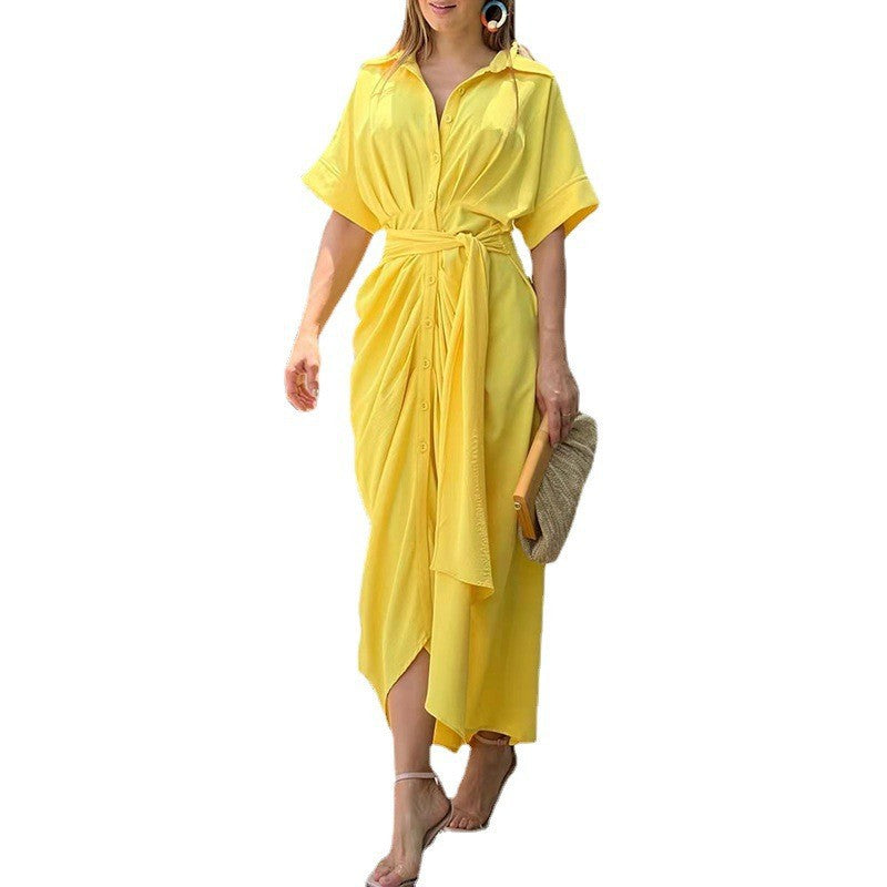 Women'S Fashion Turndown Collar Maxi Short Sleeve Single Breasted High Waist Shirt Dress 4