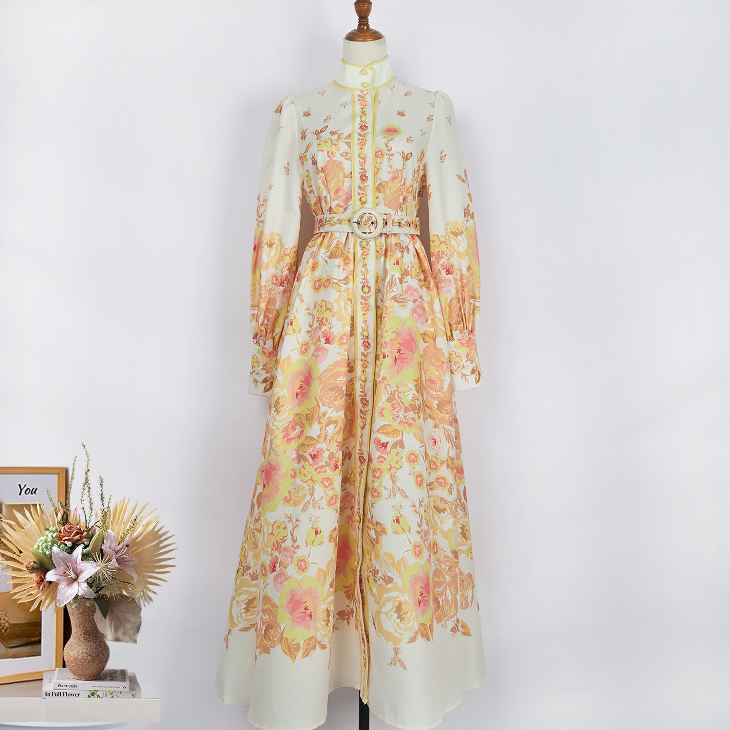 Fashion Chic Women's Spring & Autumn Long Sleeve Print Single-Breasted Slim Waist Long Dress With Belt