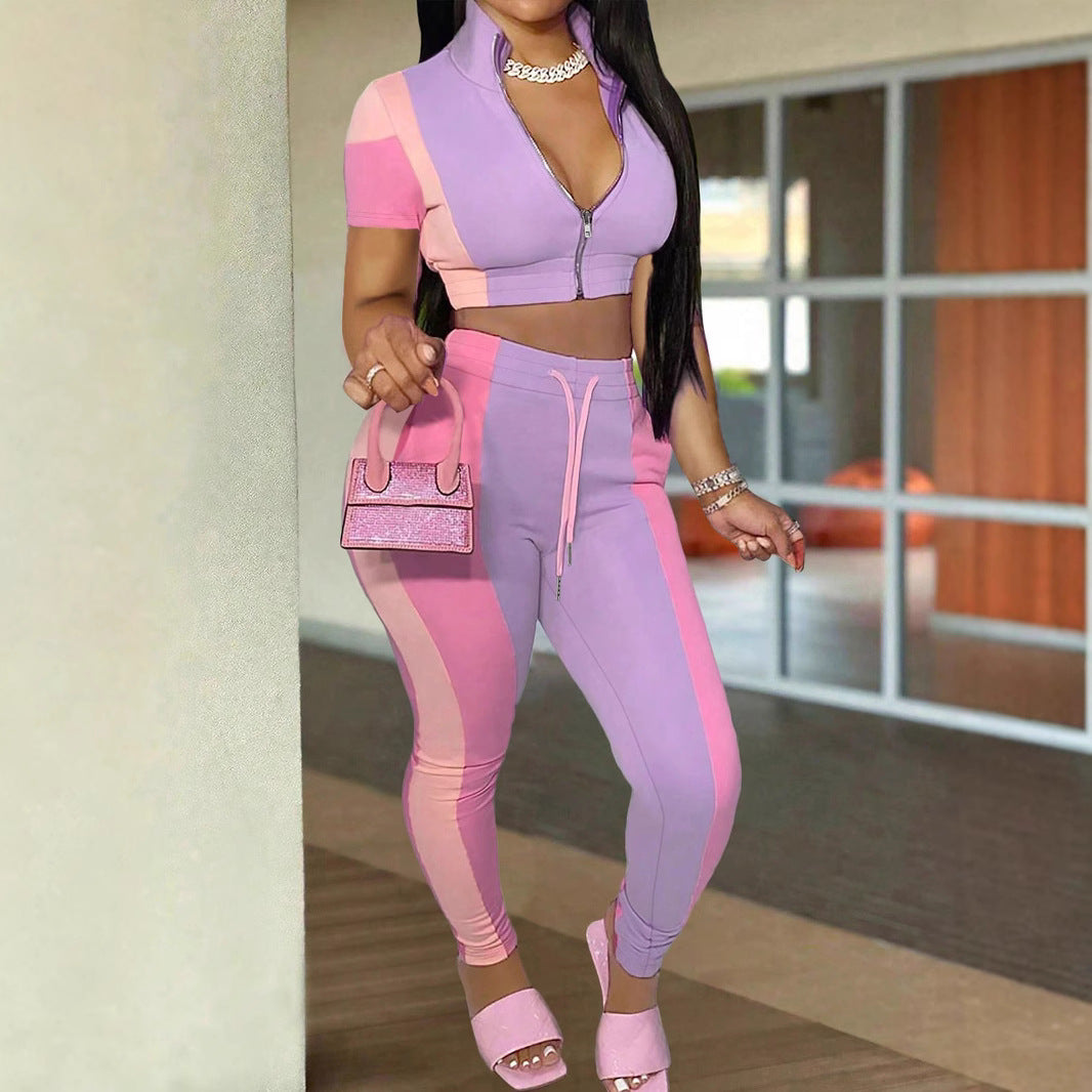 Women Colorblock Zippered Short-Sleeve Top and Casual Pocket Pants Two-Piece Set 7